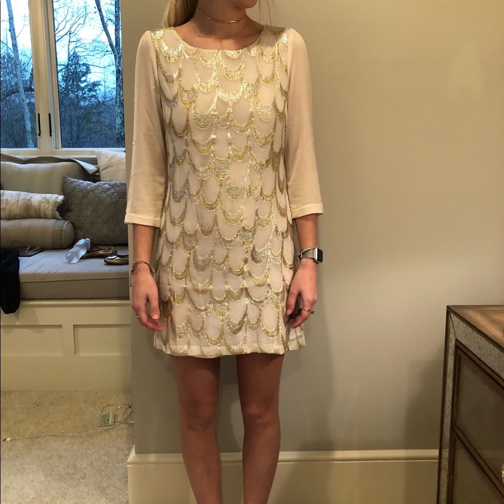 Under Skies metallic gold and cream shift dress